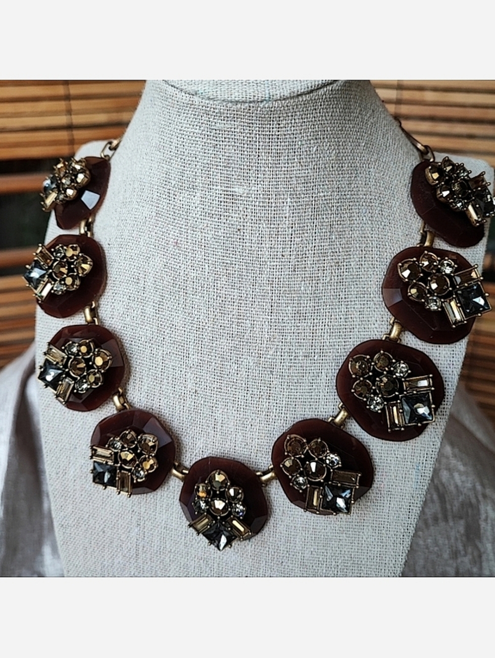 J. Crew Caramel Rhinestone Baguette Square Cut Statement Necklace Brown Smoke